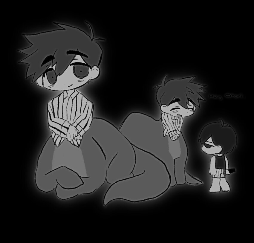 1boy, antenna_hair, barefoot, black_eyes, black_hair, black_tank_top, blush, chibi