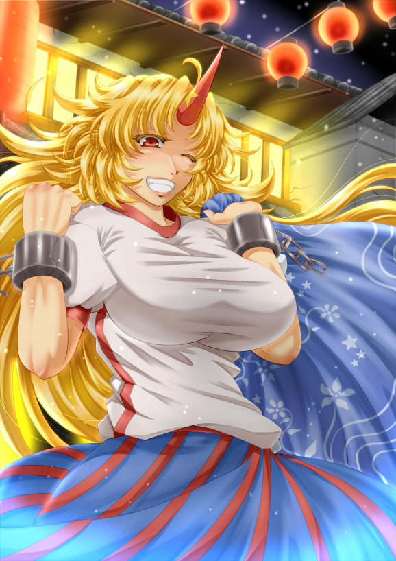 1girl, archienemy, blonde_hair, blue_skirt, breasts, chain, demon, female_focus