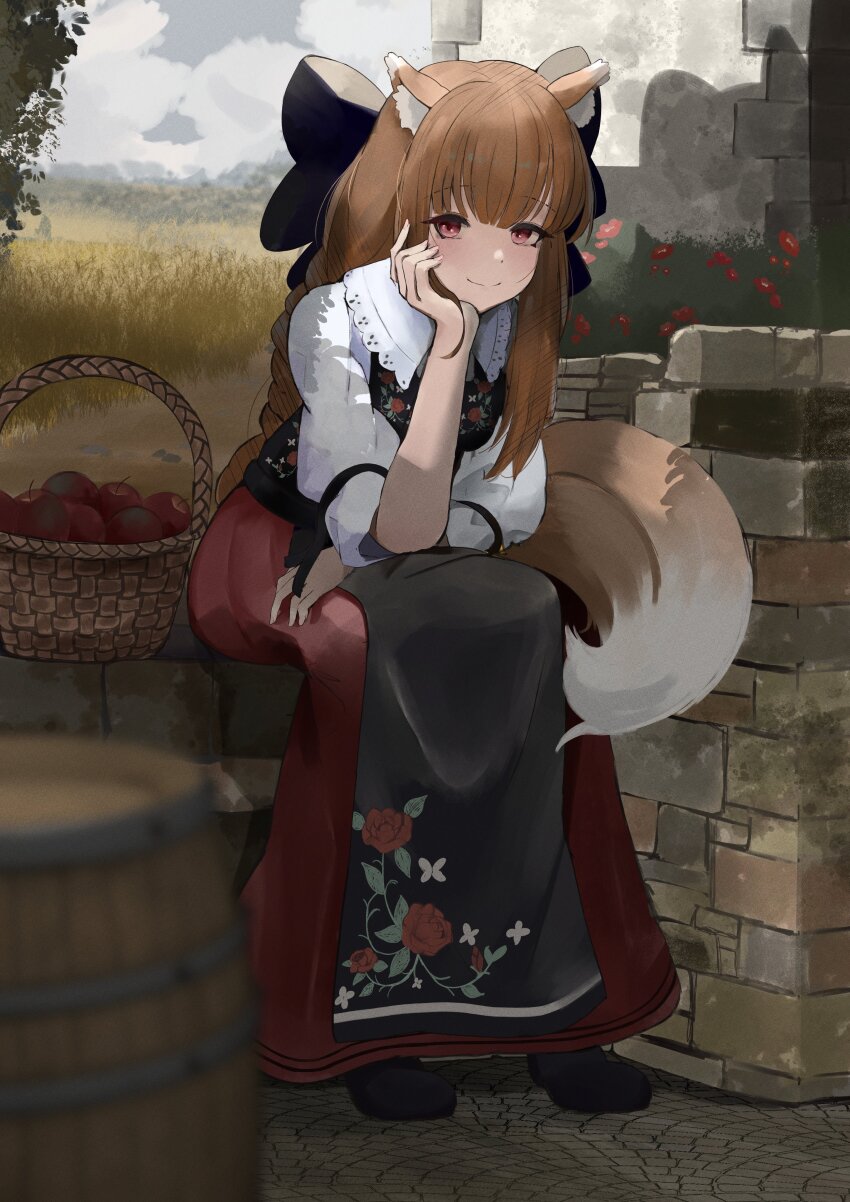 1girl, absurdres, animal_ear_fluff, animal_ears, apple, araca_ra, blurry, blurry_foreground