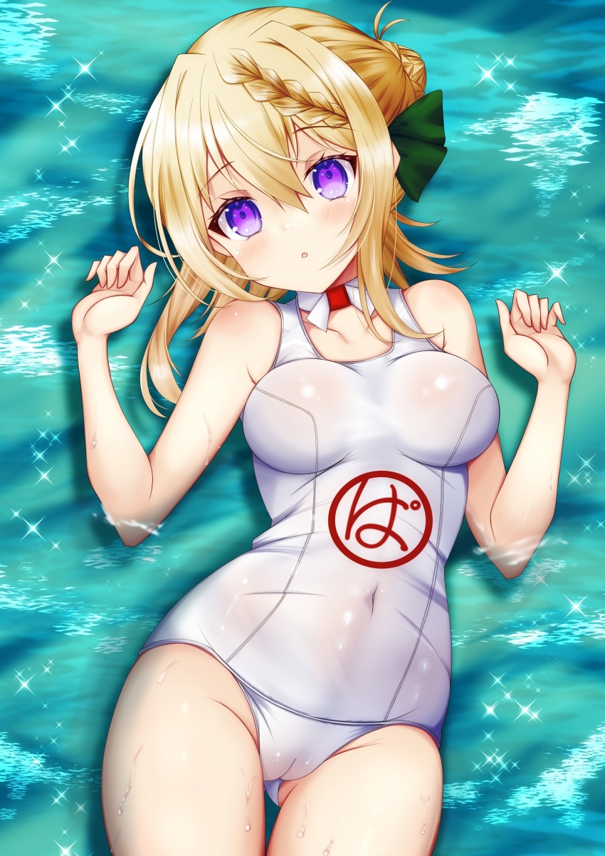 1girl, blonde_hair, blush, braid, braided_bangs, braided_bun, breasts, commentary_request