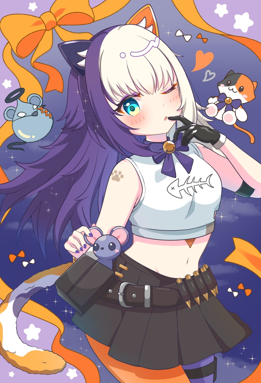 1girl, ;o, absurdres, ammunition_belt, animal_ear_fluff, animal_ears, applique2828, asymmetrical_legwear