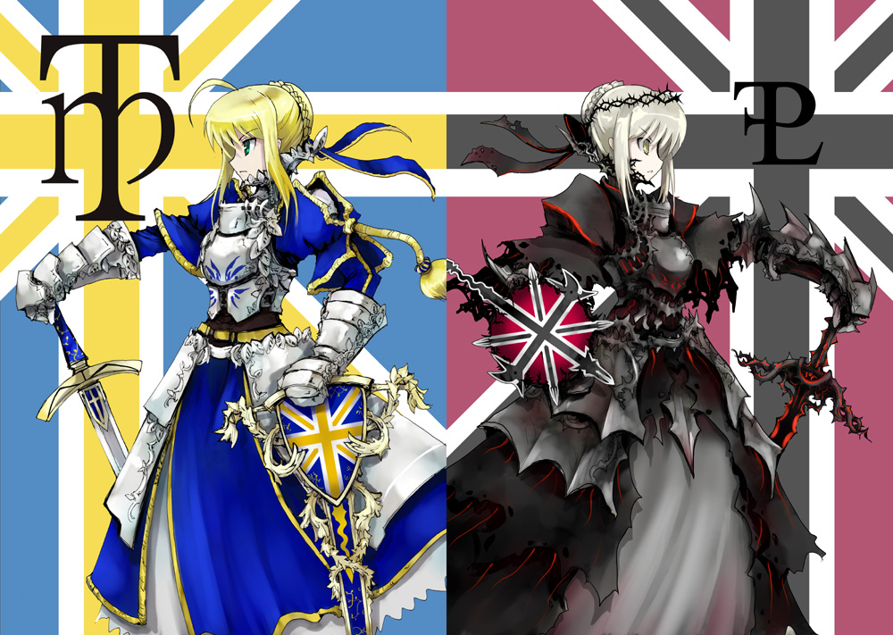 00s, 1girl, armor, armored_dress, artoria_pendragon_(fate), dress, dual_persona, fate/hollow_ataraxia, fate/stay_night, fate_(series), goth_fashion, hands_on_hilt, knight, pfaltz, pfalz, saber_(fate), saber_alter, saber_alter_(fate/stay_night), split_theme, sword, type-moon, weapon