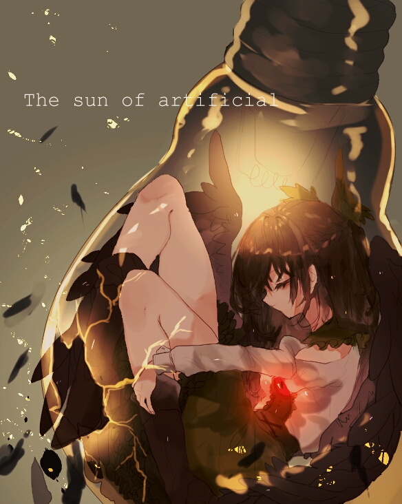 1girl, black_boots, black_hair, black_wings, boots, bow, closed_eyes, closed_mouth, commentary_request, english_text, engrish_text, feathered_wings, fetal_position, full_body, green_bow, green_skirt, grey_background, grey_skirt, hair_bow, inside_light_bulb, juliet_sleeves, light_bulb, long_hair, long_sleeves, one-hour_drawing_challenge, puffy_sleeves, ranguage, reiuji_utsuho, shinjitsu_no_kuchi, skirt, solo, third_eye, touhou, wings