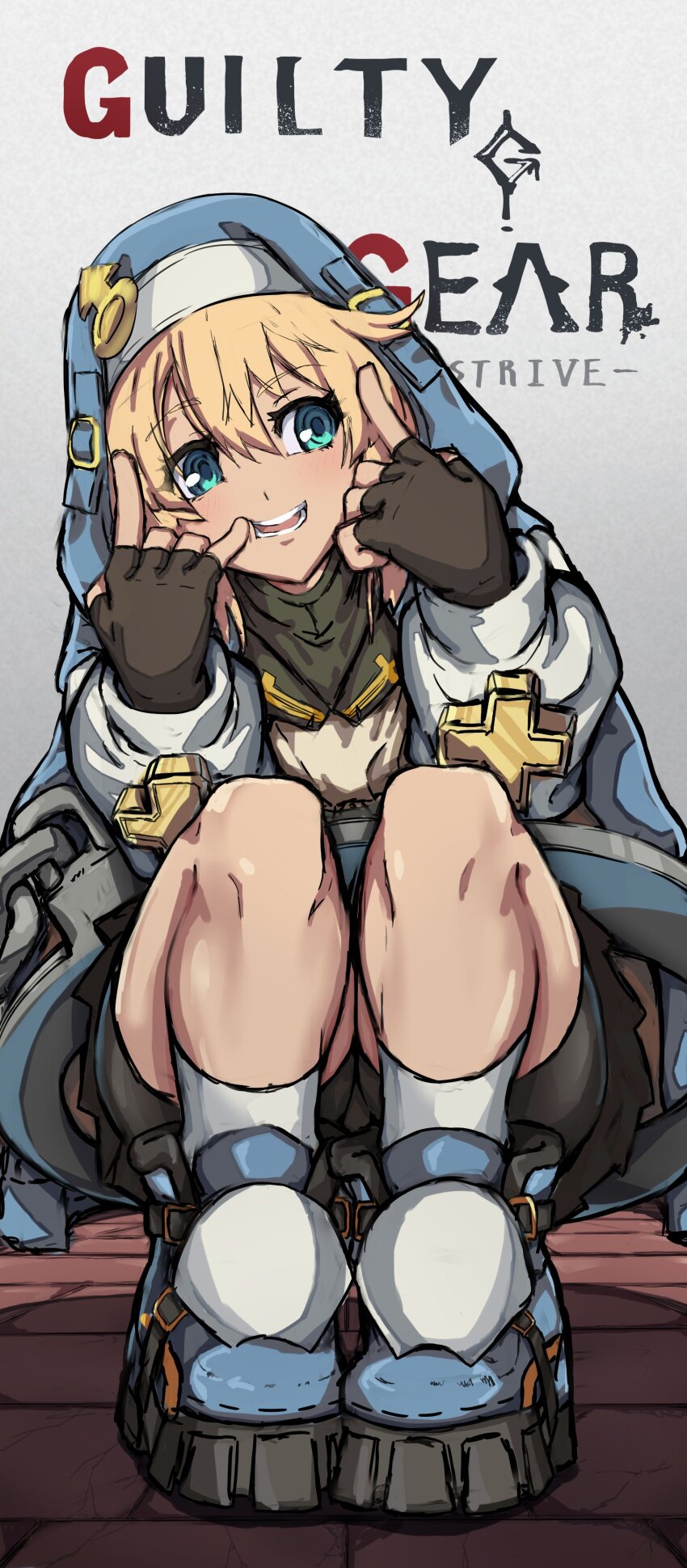 1boy, 2025, absurdres, aqua_eyes, arc_system_works, black_gloves, black_shorts, black_skirt, blonde_hair, blue_shoes, blush, bridget_(guilty_gear), chain, commentary, copyright_name, cross, cuffs, dot_nose, finger_to_cheek, fingerless_gloves, full_body, gloves, guilty_gear, guilty_gear_strive, handcuffs, head_tilt, headdress, highres, hood, hood_up, hooded_jacket, hoodie, jacket, logo, long_image, long_sleeves, m/, male_focus, perrone405, pleated_skirt, puffy_long_sleeves, puffy_sleeves, shadow, shirt, shoes, shorts, skirt, socks, solo, squatting, straight-on, tall_image, teeth, title, trap, turtleneck, white_shirt, white_socks