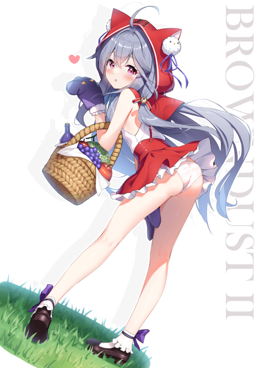 1girl, ahoge, animal_ear_hood, animal_hands, apple, ass, basket, bell