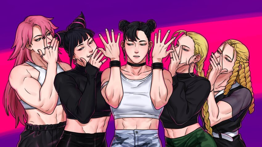 5girls, archived_source, arm_up, armband, belt, black_collar, black_hair, black_nails, black_pants, black_shirt, black_wrist_cuffs, blonde_hair, blue_eyes, blunt_bangs, braid, breasts, cammy_white, camouflage, camouflage_pants, capcom, chain, chain_necklace, chun-li, collar, collarbone, crop_top, crossover, dangling_earring, double_bun, drill_hair, earrings, efd, final_fight, green_pants, grey_pants, hair_bun, hair_horns, half-closed_eyes, han_juri, hand_over_eye, head_tilt, highres, hoop_earrings, idol, jewelry, kanzuki_karin, long_hair, long_sleeves, looking_at_another, looking_down, looking_to_the_side, lowered_eyelids, midriff, multiple_drills, multiple_girls, multiple_rings, necklace, pants, parted_lips, pink_background, pink_hair, pink_nails, poison_(final_fight), produce_48, puffy_sleeves, purple_background, purple_eyes, ring, rumor_(produce_48), shirt, short_sleeves, sidelocks, sleeveless, smile, street_fighter, stud_earrings, toned, toned_female, twin_drills, white_belt, white_nails, wrist_cuffs