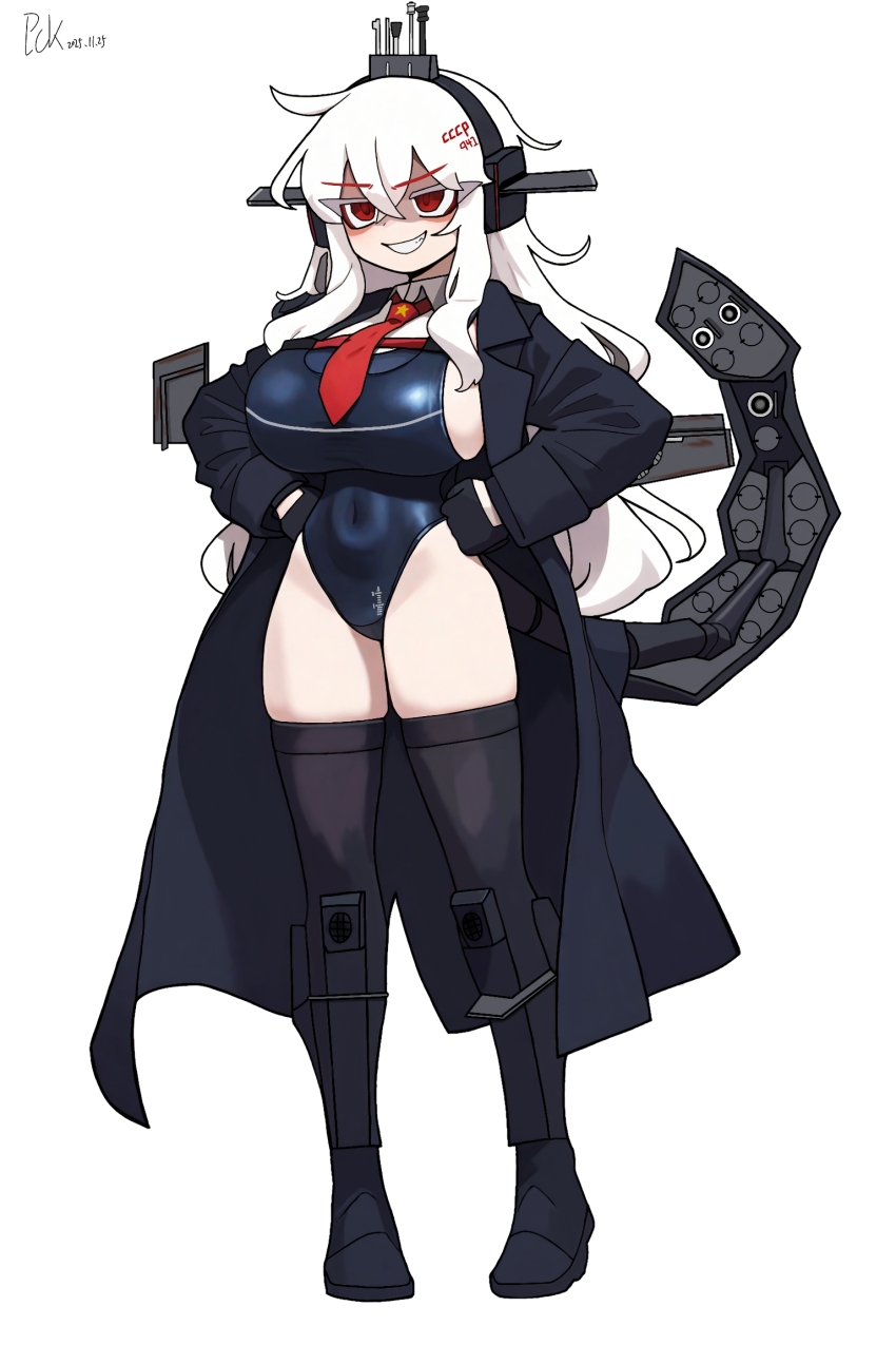 1girl, black_gloves, black_thighhighs, breasts, commentary_request, full_body, gloves, grin