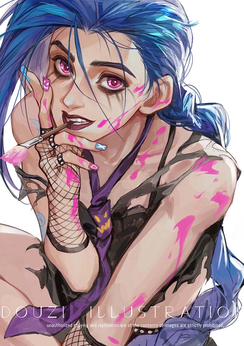 1girl, arcane:_league_of_legends, arcane_jinx, arm_tattoo, asymmetrical_hair, black_shirt, blue_hair, braid, chinese_commentary, commentary_request, fingerless_gloves, fishnet_gloves, fishnets, freckles, gloves, jinx_(league_of_legends), league_of_legends, long_hair, mouth_hold, multicolored_nails, nail_polish, necktie, paint_on_body, paintbrush_in_mouth, pink_eyes, purple_necktie, rennerdouz, shirt, solo, tattoo, teeth, torn_clothes, torn_shirt, very_long_hair