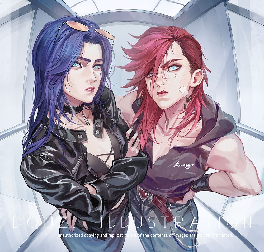 2girls, arcane:_league_of_legends, arcane_caitlyn, arcane_vi, biceps, black_coat, black_jacket, black_shirt, blue_hair, caitlyn_(league_of_legends), coat, collarbone, commentary_request, cowboy_shot, crossed_arms, ear_piercing, earclip, eyewear_on_head, face_piercing, facial_tattoo, freckles, glasses, hand_on_own_hip, hood, hood_down, hooded_shirt, jacket, league_of_legends, looking_at_viewer, medium_hair, multiple_girls, muscular, muscular_female, neck_tattoo, nose_piercing, piercing, red_hair, red_lips, rennerdouz, roman_numeral, shirt, sleeveless, sleeveless_shirt, tattoo, vi_(league_of_legends)