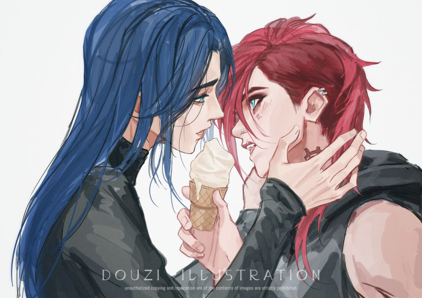 2girls, arcane:_league_of_legends, arcane_caitlyn, arcane_vi, blue_eyes, blue_hair, caitlyn_(league_of_legends), chinese_commentary