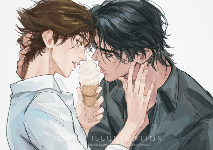 2boys, arcane:_league_of_legends, arcane_jayce, black_hair, black_shirt, brown_hair, chinese_commentary, chinese_text