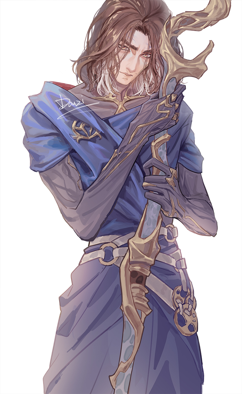 1boy, arcane:_league_of_legends, arcane_savior_viktor, artist_name, blue_robe, brown_hair, closed_mouth, cowboy_shot