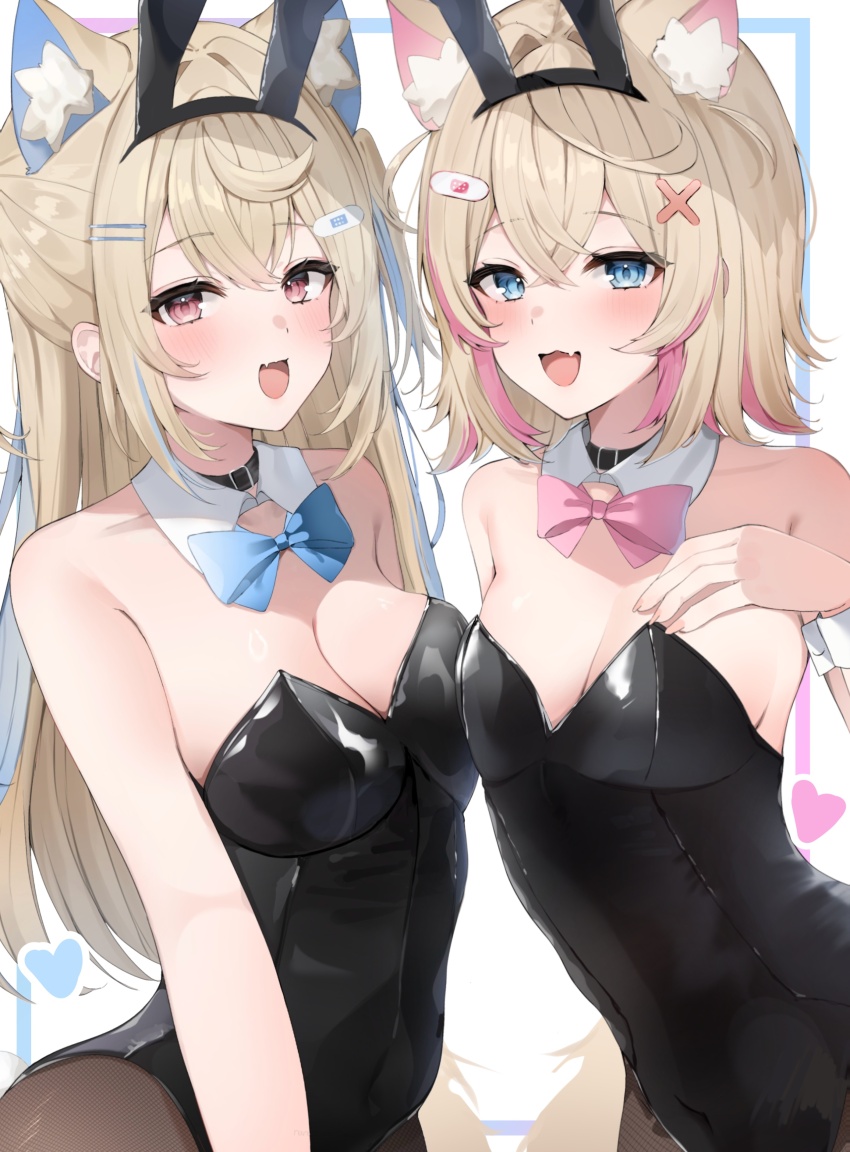 absurdres, alternate_costume, animal_ear_fluff, animal_ear_hairband, animal_ears, arm_at_side, bandaid, bandaid_hair_ornament, black_choker, black_hairband, black_leotard, blue_bow, blue_bowtie, blue_eyes, blush, bow, bowtie, breasts, choker, cleavage, collar, commentary_request, covered_navel, crossed_bangs, detached_collar, dog_ears, dog_girl, double-parted_bangs, fake_animal_ears, fang, fuwawa_abyssgard, hair_ornament, hairband, hand_on_own_chest, hand_up, heart, highres, hololive, hololive_english, large_breasts, leotard, long_hair, looking_at_viewer, medium_breasts, medium_hair, mococo_abyssgard, multicolored_hair, nanase_nayumu, open_mouth, pink_bow, pink_bowtie, pink_eyes, playboy_bunny, rabbit_ear_hairband, rabbit_ears, siblings, simple_background, sisters, skin_fang, smile, strapless, strapless_leotard, streaked_hair, twins, upper_body, virtual_youtuber, white_background, white_collar, wing_collar, x_hair_ornament