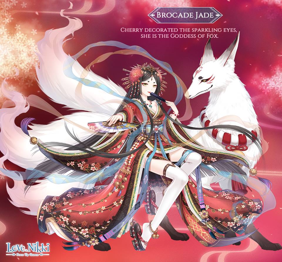 1girl, artist_request, black_hair, black_sandals, blunt_ends, bow, brocade_jade_(miracle_nikki), camellia, character_name, cherry_blossom_print, copyright_logo, english_text, falling_petals, floral_background, floral_print, flower, folded_fan, folding_fan, full_body, geta, hagoromo, hair_flower, hair_ornament, hairpin, hand_fan, happy, holding, holding_fan, invisible_chair, japanese_clothes, kimono, kitsune, lipstick, logo, long_hair, long_sleeves, looking_at_viewer, makeup, miracle_nikki, multiple_hairpins, nikki_(series), official_art, parted_lips, petals, print_kimono, red_bow, red_flower, red_kimono, red_lips, sandals, second-party_source, shawl, sitting, smile, smoke, solo, straight_hair, thighhighs, traditional_youkai, very_long_hair, white_thighhighs, wide_sleeves, yellow_eyes