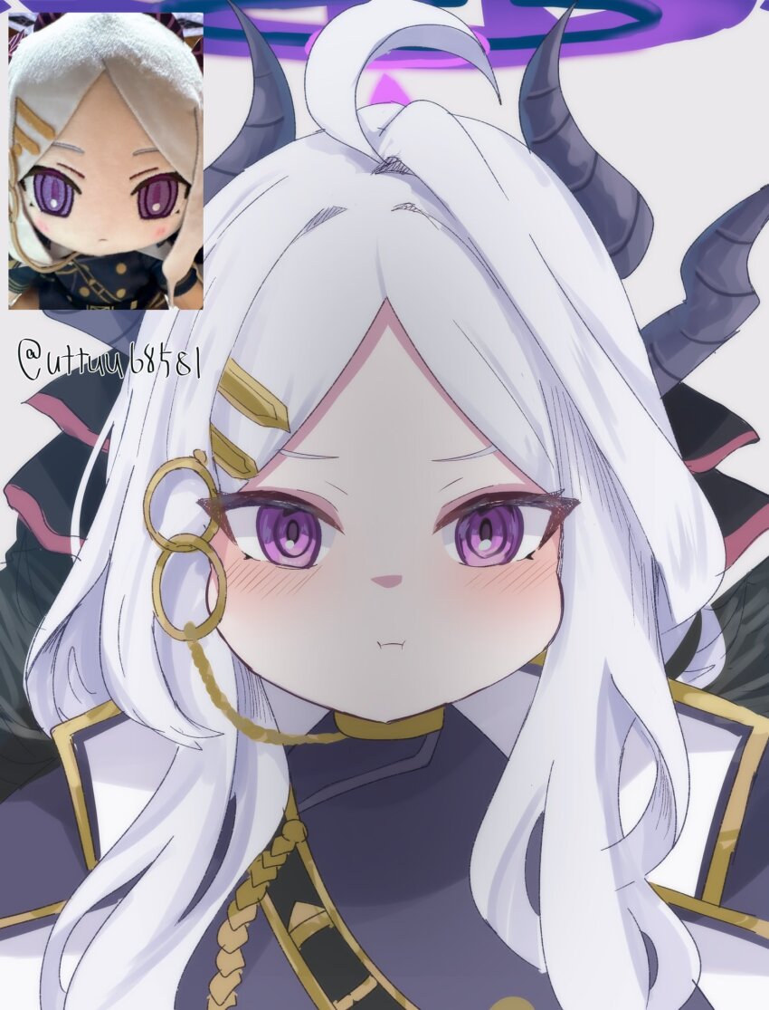 1girl, :t, ahoge, belt, black_coat, blue_archive, character_doll, chibi