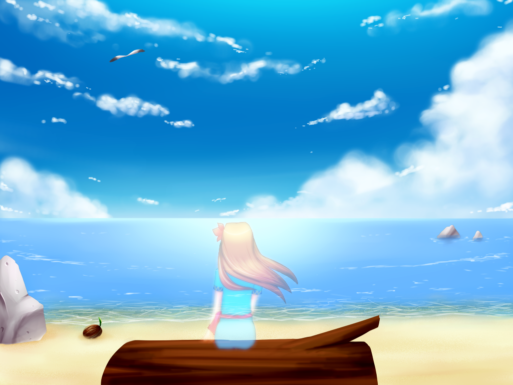 1girl, beach, bird, dreaming, female_focus, flower, hair_flower, hair_ornament, kazune_rain, marin_(zelda), nintendo, ocean, orange_hair, seagull, sky, solo, the_legend_of_zelda, the_legend_of_zelda:_link's_awakening