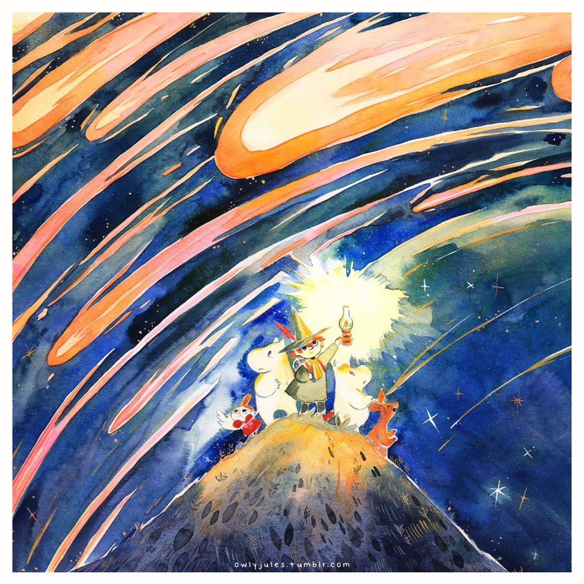 2girls, 3boys, animal, brown_hair, comet, furry, furry_with_non-furry, green_hat