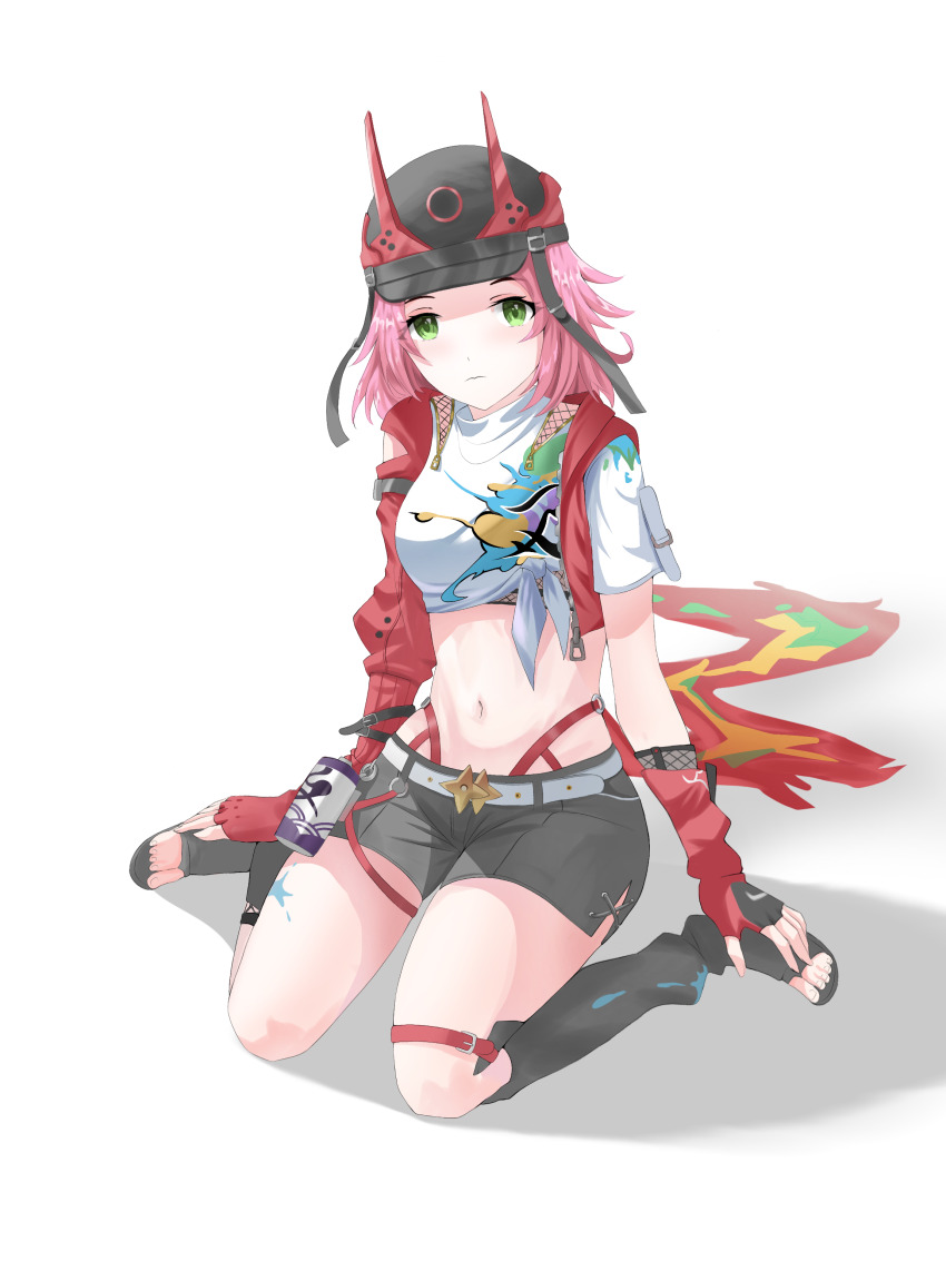 1girl, absurdres, arm_support, asymmetrical_clothes, asymmetrical_legwear, belt, black_hat, blush