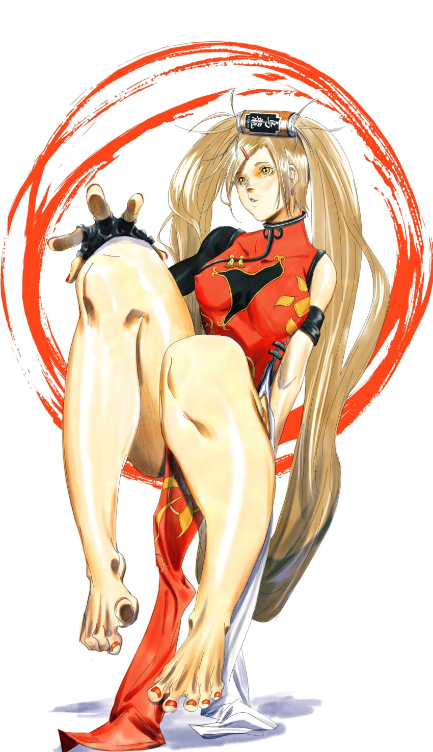 1girl, absurdres, armband, barefoot, black_armband, black_gloves, breasts, brown_eyes, brown_hair, can, china_dress, chinese_clothes, commentary_request, dress, feet, fingerless_gloves, full_body, gloves, guilty_gear, hair_ornament, hairclip, hand_on_own_knee, highres, invisible_chair, knees_up, kuradoberi_jam, legs, long_hair, long_sleeves, medium_breasts, nail_polish, red_dress, red_nails, single_bare_shoulder, single_sleeve, sitting, solo, storyteller777, toenail_polish, toenails, very_long_hair, white_background