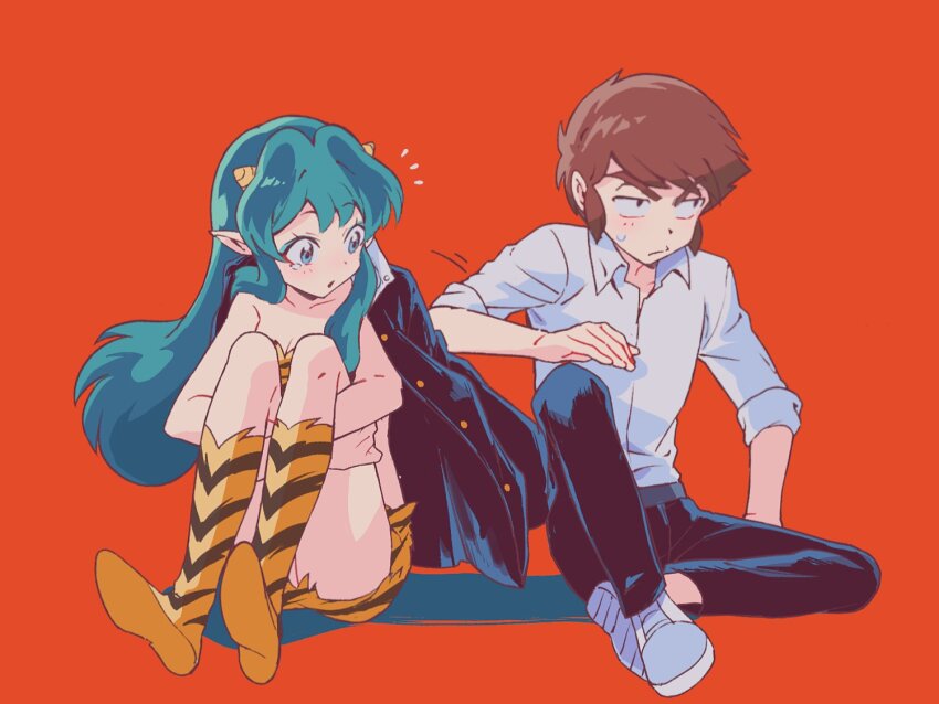 1boy, 1girl, animal_print, aqua_hair, bikini, black_jacket, black_pants, boots