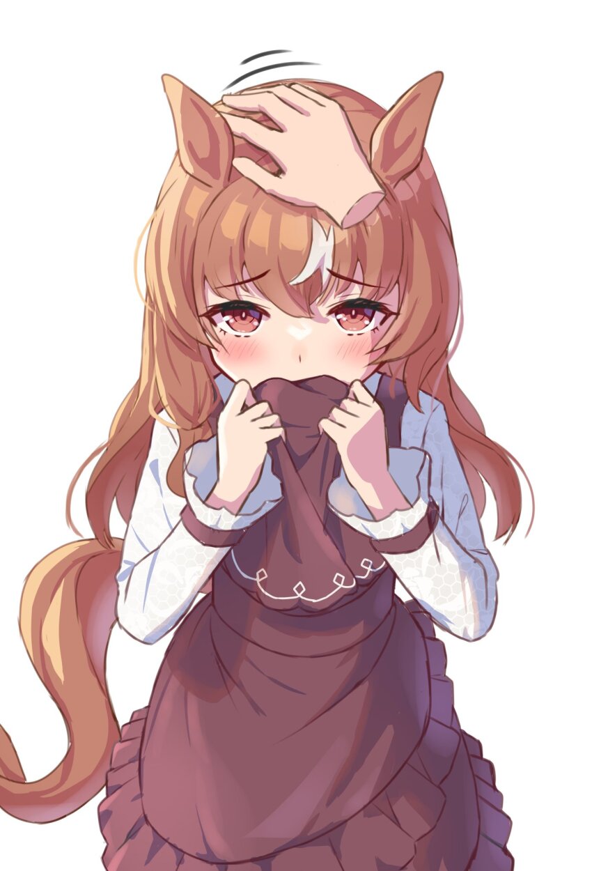 1girl, animal_ears, blush, brown_hair, commentary_request, disembodied_hand, dress, highres, horse_ears, horse_girl, horse_tail, looking_at_viewer, looking_up, multicolored_hair, petting, pov, red_eyes, still_in_love_(casual)_(umamusume), still_in_love_(umamusume), streaked_hair, tail, taro_yokayoka, umamusume, veil_removed