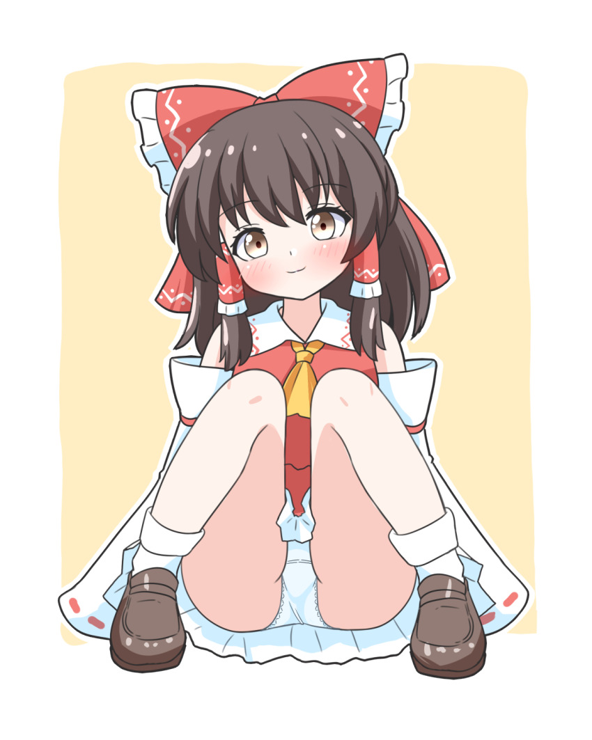 ascot, black_hair, blush, border, bow, brown_eyes, brown_shoes, closed_mouth