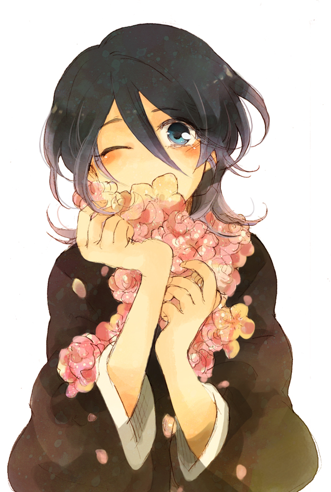 1girl, aqua_eyes, bad_id, bad_pixiv_id, black_hair, bleach, flower, hair_between_eyes, japanese_clothes, kuchiki_rukia, one_eye_closed, roh_yon_ji, short_hair, wink