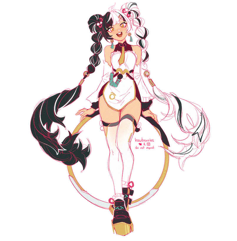 1girl, ahoge, artist_name, bare_shoulders, black_hair, black_shoes, braid, braided_twintails