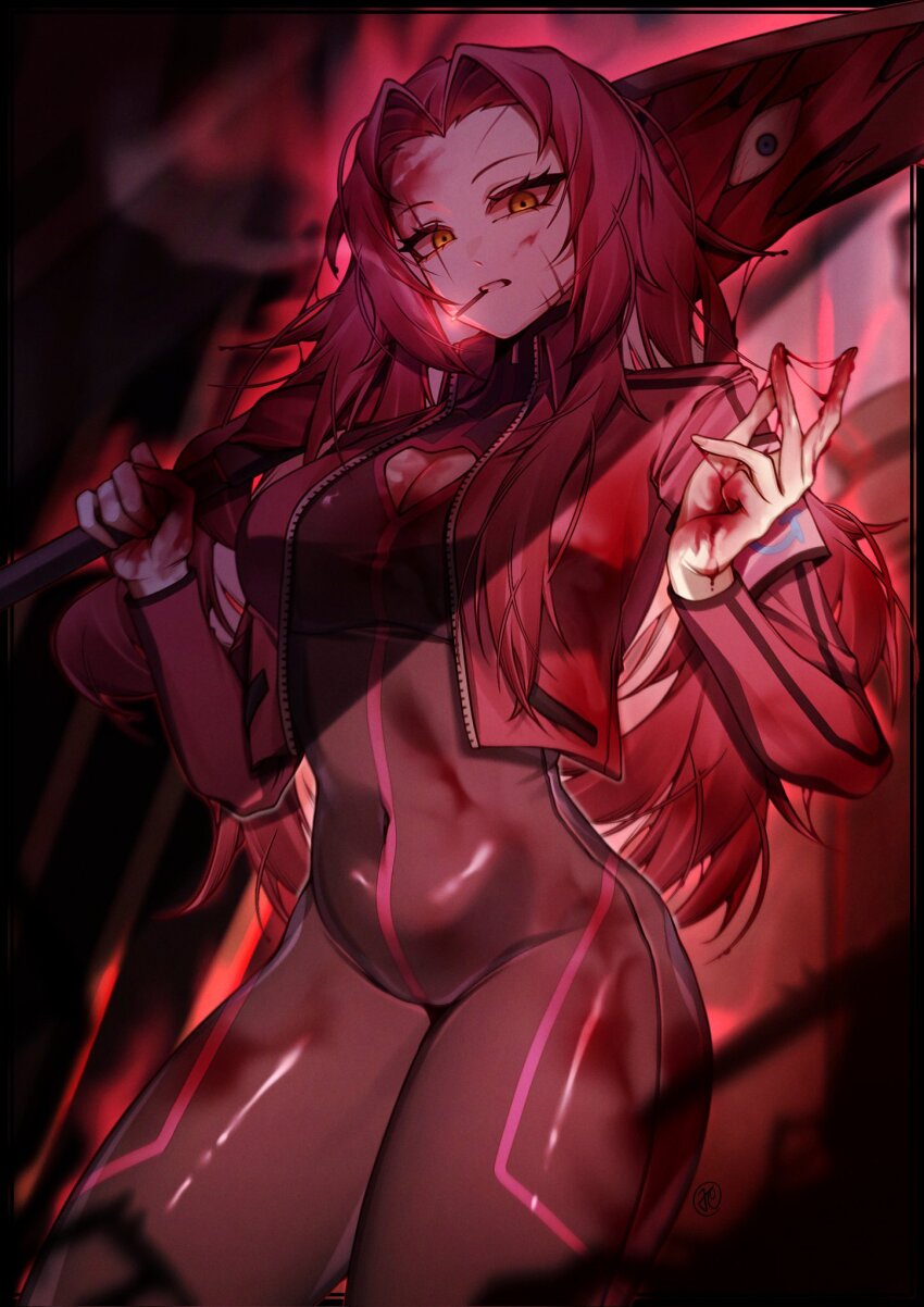 1girl, black_background, blood, bodysuit, breasts, cigarette, cleavage, cleavage_cutout