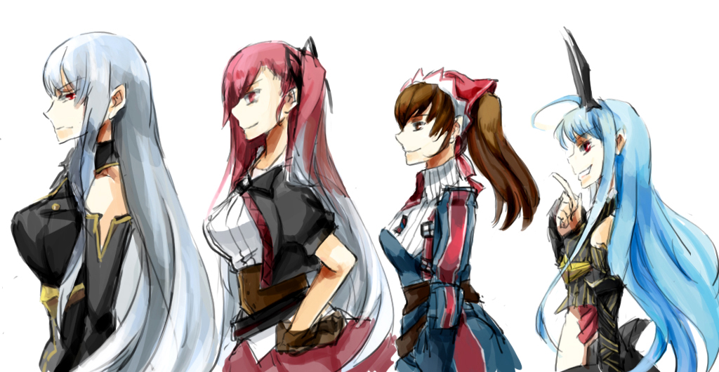 00s, 10s, 4girls, aliasse, alicia_melchiott, belt, blue_hair, brown_eyes