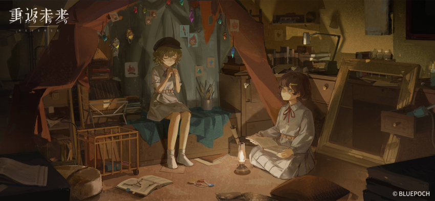 2girls, aged_down, black_hat, blonde_hair, blue_bow, blue_bowtie, book, book_stack