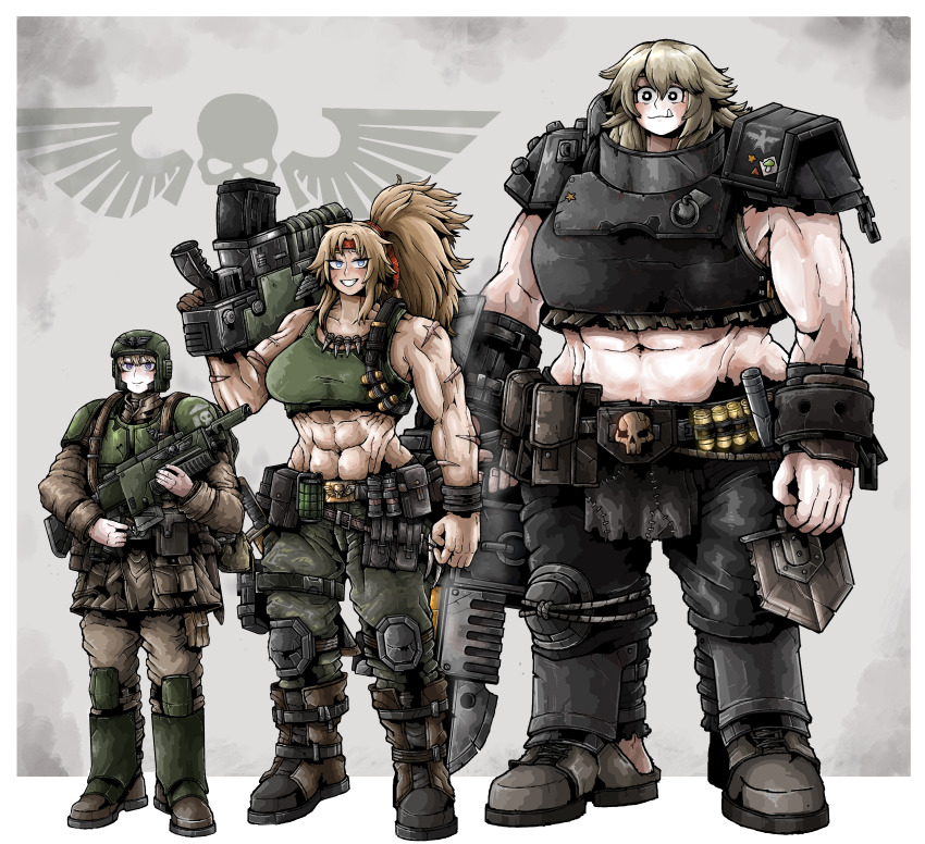 3girls, abs, absurdres, ammunition, ammunition_pouch, aquila_(symbol), armor, arms_at_side, astra_militarum, axe, bandolier, battle_axe, belt, belt_pouch, black_eyes, blonde_hair, blue_eyes, bolt_(warhammer_40k), bolter, boots, border, bracelet, breasts, bright_pupils, buckle, cadian_shock_troops, cargo_pants, catachan_jungle_fighter, chest_height, combat_helmet, commentary, dinka_(octosoup), double-sided_axe, energy_gun, english_commentary, explosive, fang, fang_out, full_body, gorget, green_tank_top, grenade, grey_background, grin, gun, hand_up, headband, height_difference, helmet, high_ponytail, highres, holding, holding_gun, holding_weapon, imperial_aquila, imperium_of_man, insignia, jewelry, kalani_(octosoup), knee_pads, knife, lasgun, less_than_chest_height, lineup, long_hair, long_sleeves, looking_at_viewer, medium_hair, midriff, military, military_combat_uniform, military_uniform, multiple_girls, multiple_scars, muscular, muscular_female, necklace, octosoup, ogryn, original, over_shoulder, pants, ponytail, pouch, purple_eyes, red_sweatband, ripper_gun, scar, scar_on_arm, shin_guards, short_hair, shoulder_armor, side-by-side, skull, sleeveless, smile, soldier, sophia_(octosoup), standing, tank_top, thigh_pouch, tooth_necklace, warhammer_40k, weapon, weapon_over_shoulder, white_border