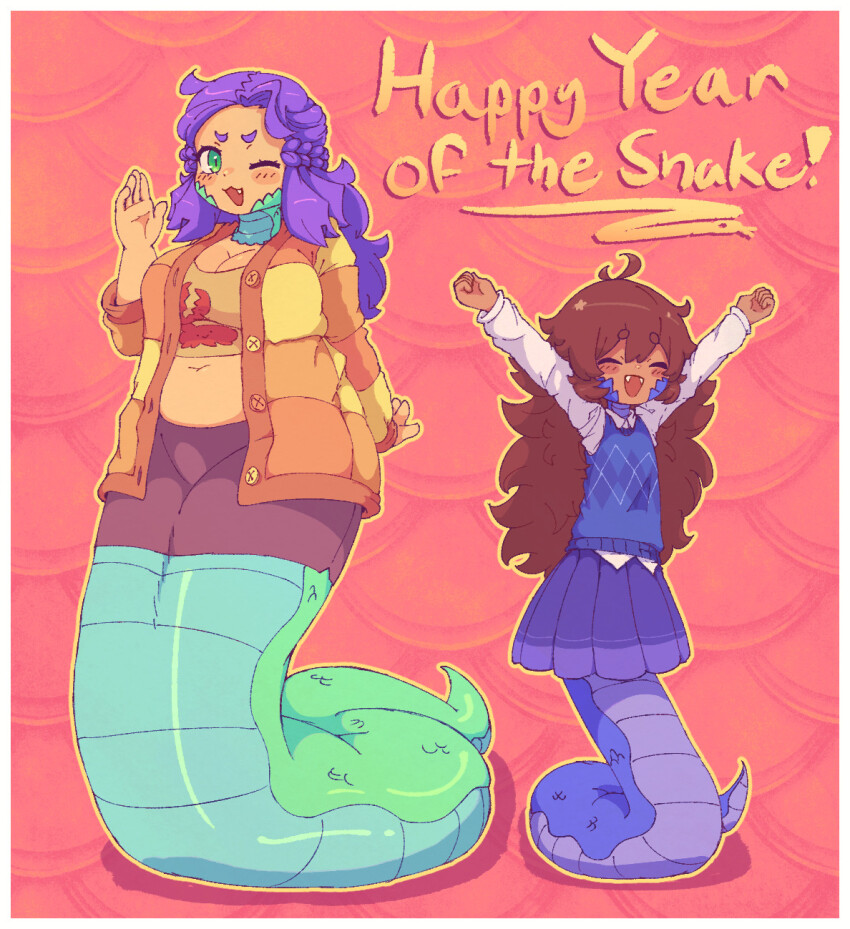 2girls, :3, arm_behind_back, arms_up, blue_scales, blue_sweater_vest, blush, border