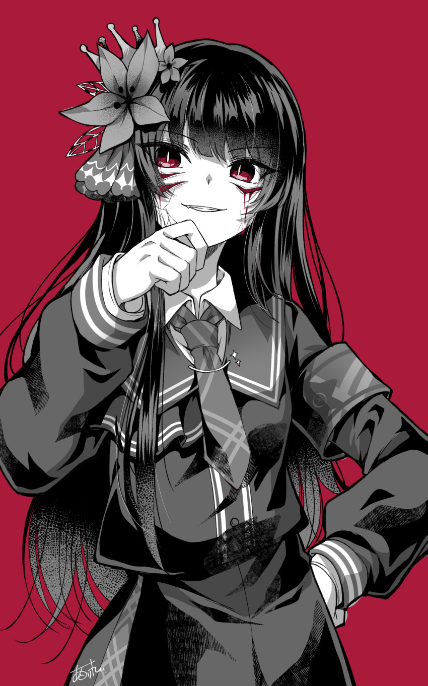 1girl, absurdres, armband, bleeding, blood, blunt_bangs, collared_shirt, commentary_request