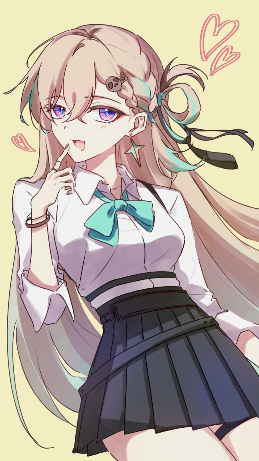 1girl, aqua_bow, aqua_bowtie, black_skirt, blonde_hair, bow, bowtie, breasts