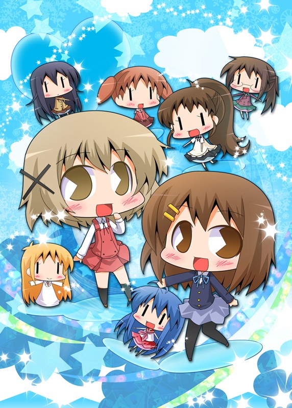 00s, 6+girls, amakusa_shino, azumanga_daiou, chibi, child, crossover, ga_geijutsuka_art_design_class, hidamari_sketch, hirasawa_yui, izumi_konata, k-on!, kyoto_animation, lucky_star, mihama_chiyo, mole, mole_under_eye, multiple_girls, nichijou, pac-man_eyes, pantyhose, professor_shinonome, school_uniform, seitokai_yakuindomo, serafuku, suntail, taneshima_popura, tokisadame_school_uniform, working!!, yamaguchi_kisaragi, yuno_(hidamari_sketch), |_|