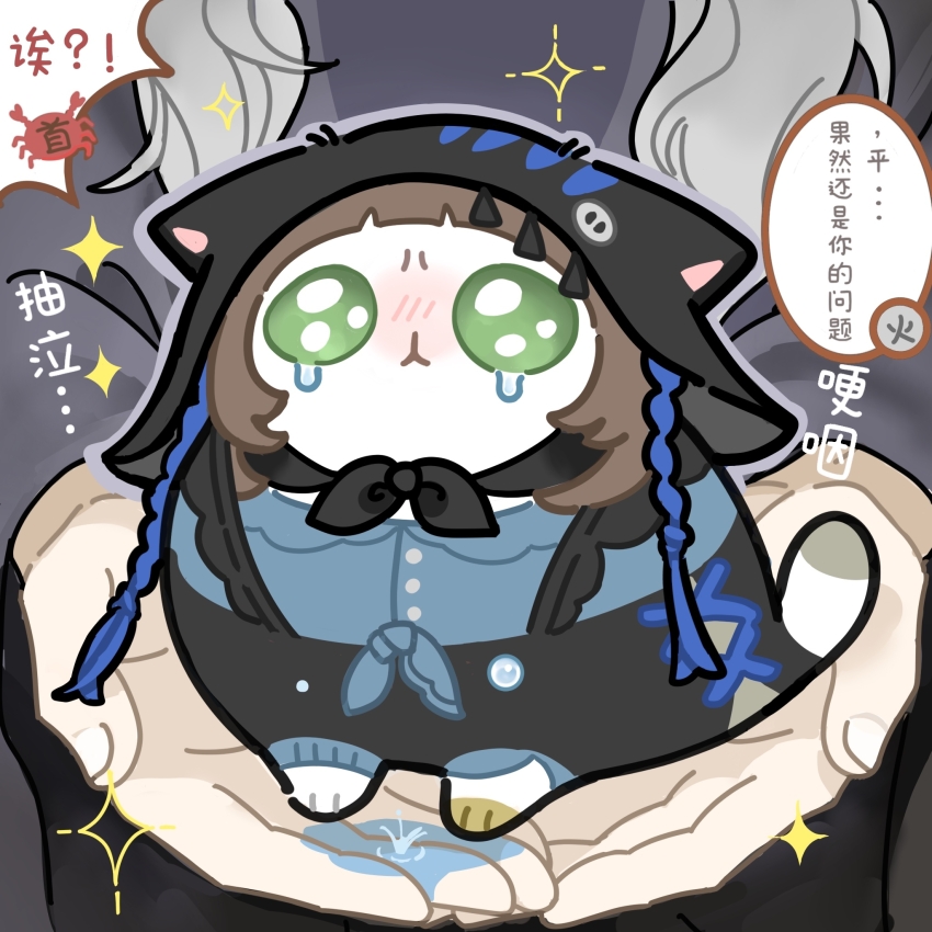 1girl, animal, animal_focus, animalization, blue_shirt, character_request, chinese_text, clothed_animal