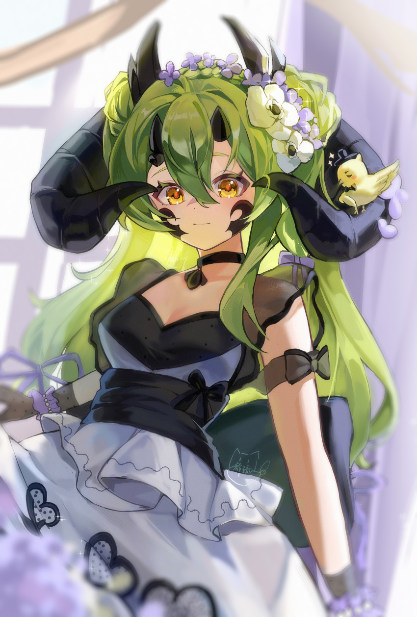 1girl, absurdres, arknights, back_bow, bird, bird_on_horn, black_bow, black_choker