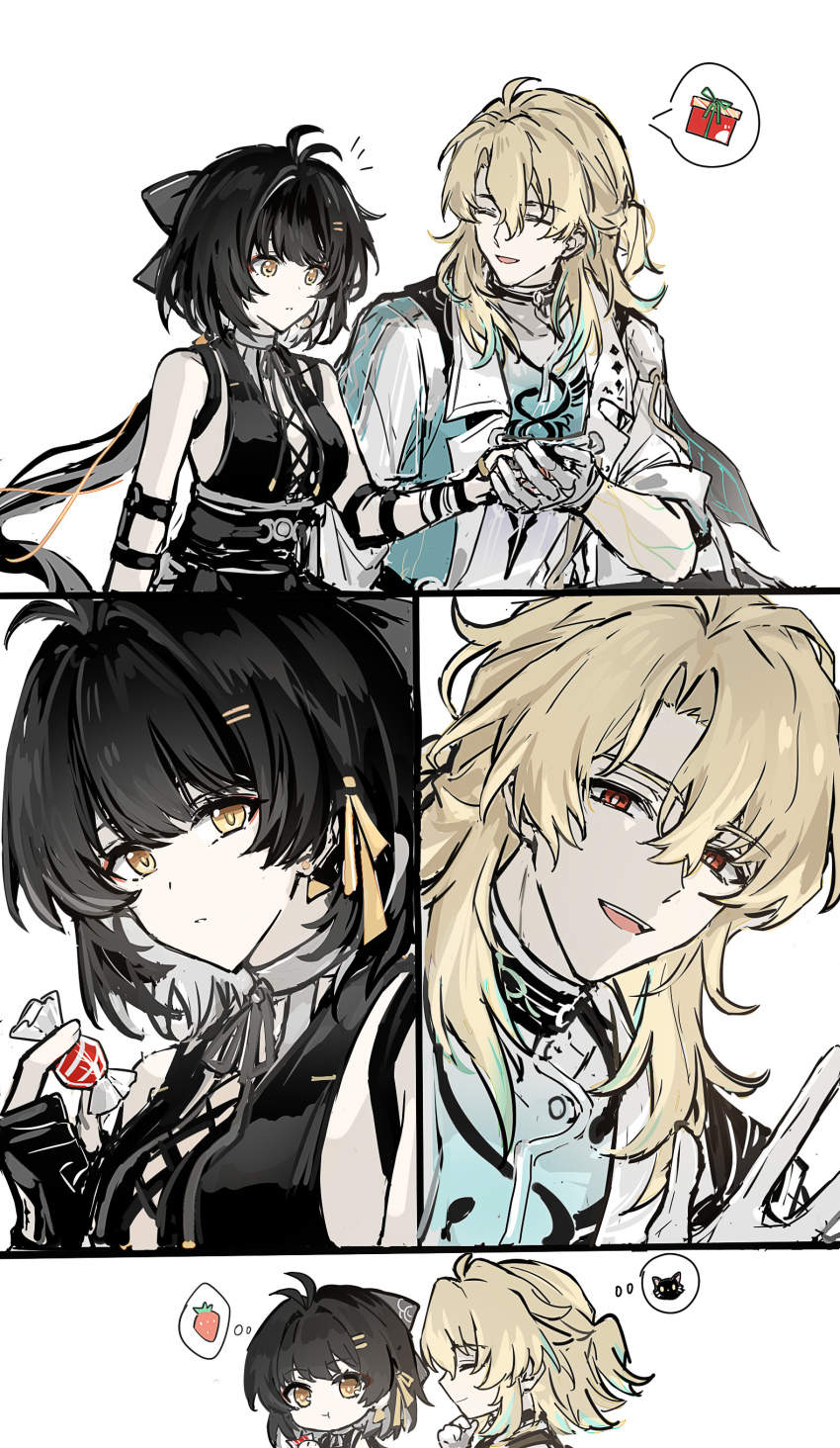 1boy, 1girl, absurdres, akiko54124, black_bow, black_dress, black_hair, blonde_hair