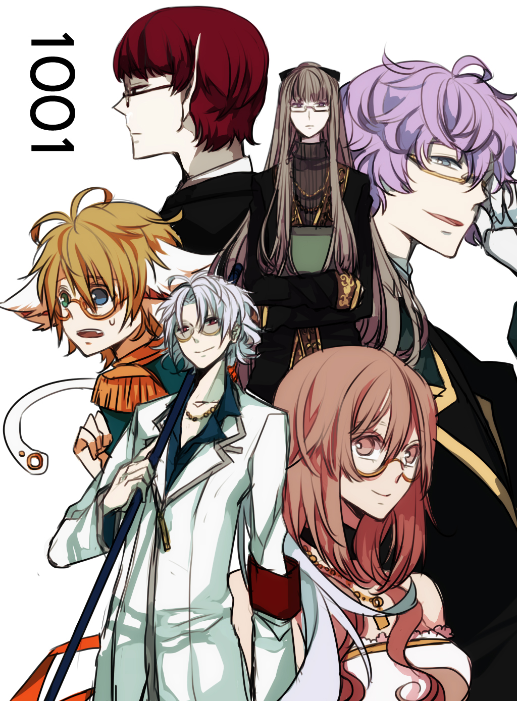 2girls, 4boys, adjusting_eyewear, blue_eyes, book, brown_hair, choker, coat