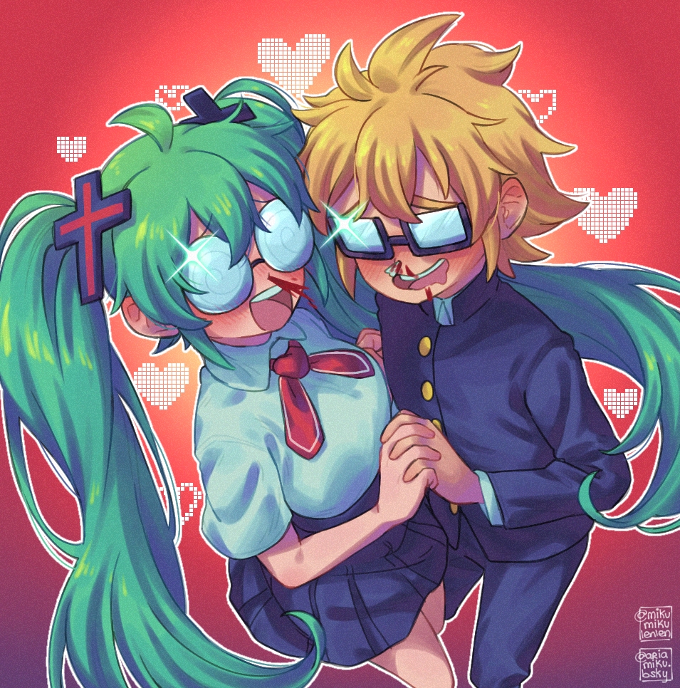 1boy, 1girl, ariamikukanzaki, blonde_hair, blood, breasts, coke-bottle_glasses, commentary