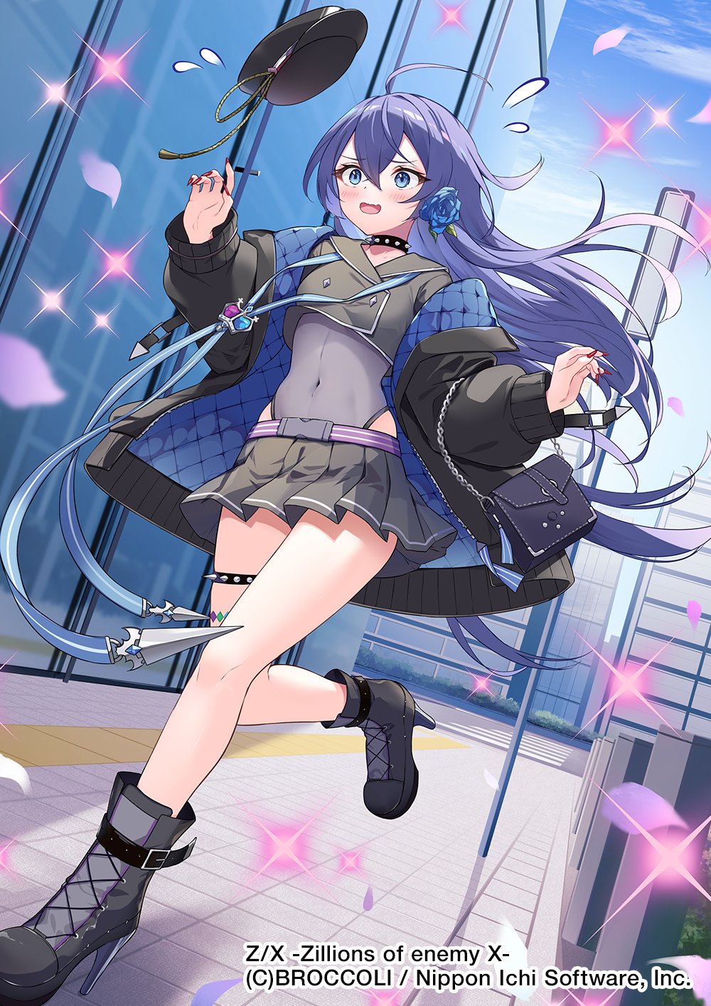 1girl, ahoge, bag, black_hat, black_jacket, black_shirt, black_shoes, black_skirt