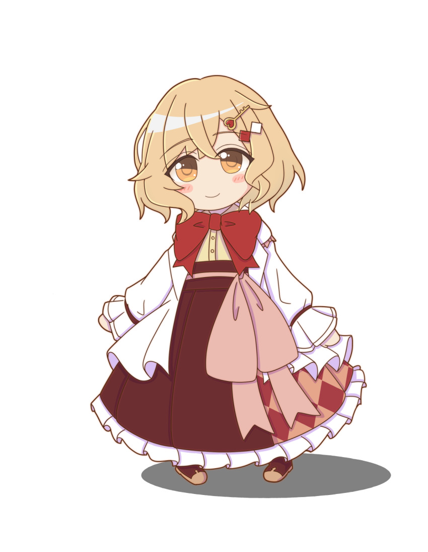 1girl, arms_at_sides, assault_lily, blush, bow, bowtie, brown_hair, brown_shoes