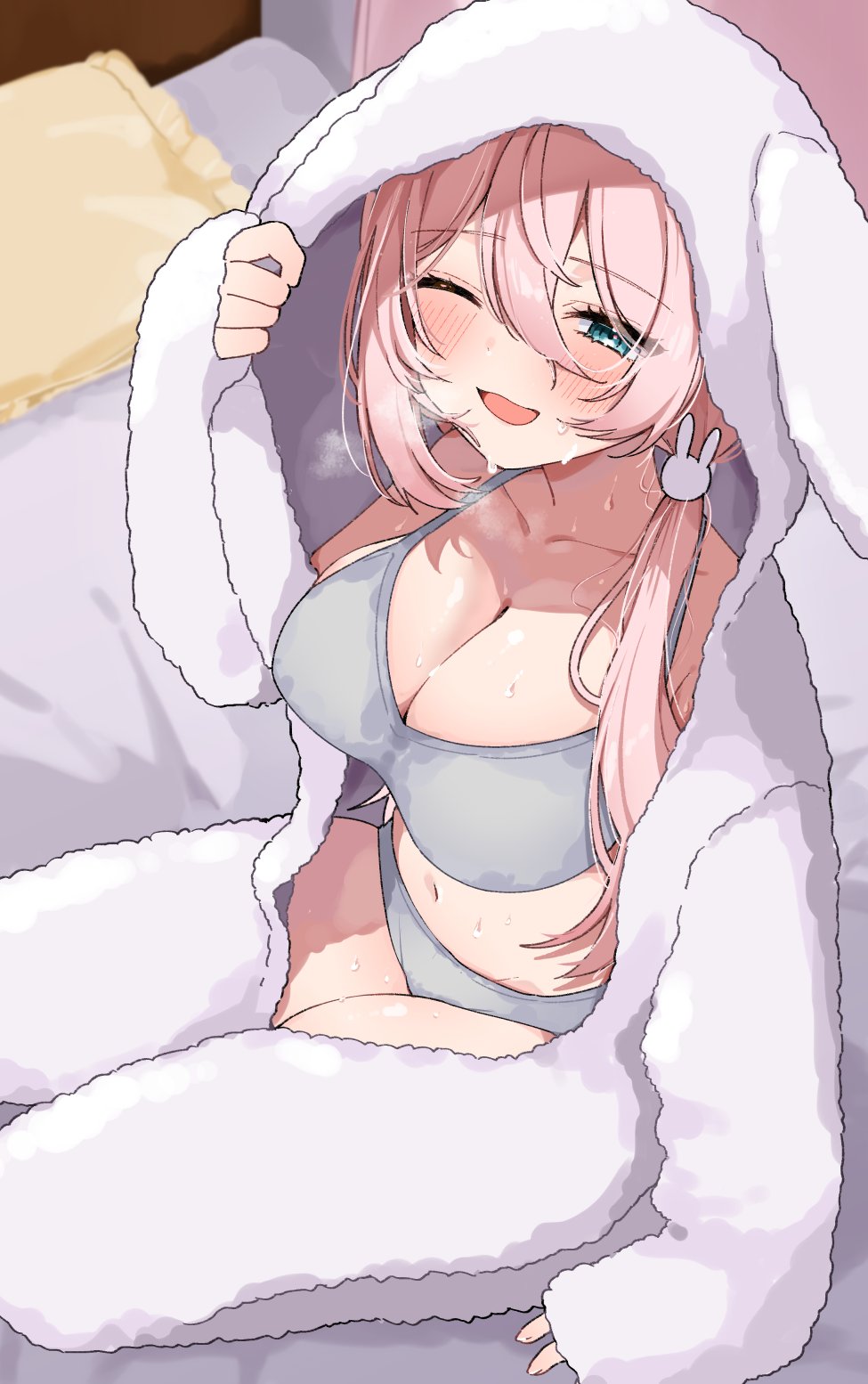 1girl, anmi_ilust, bra, clothing_request, highres, one_eye_closed, original, panties