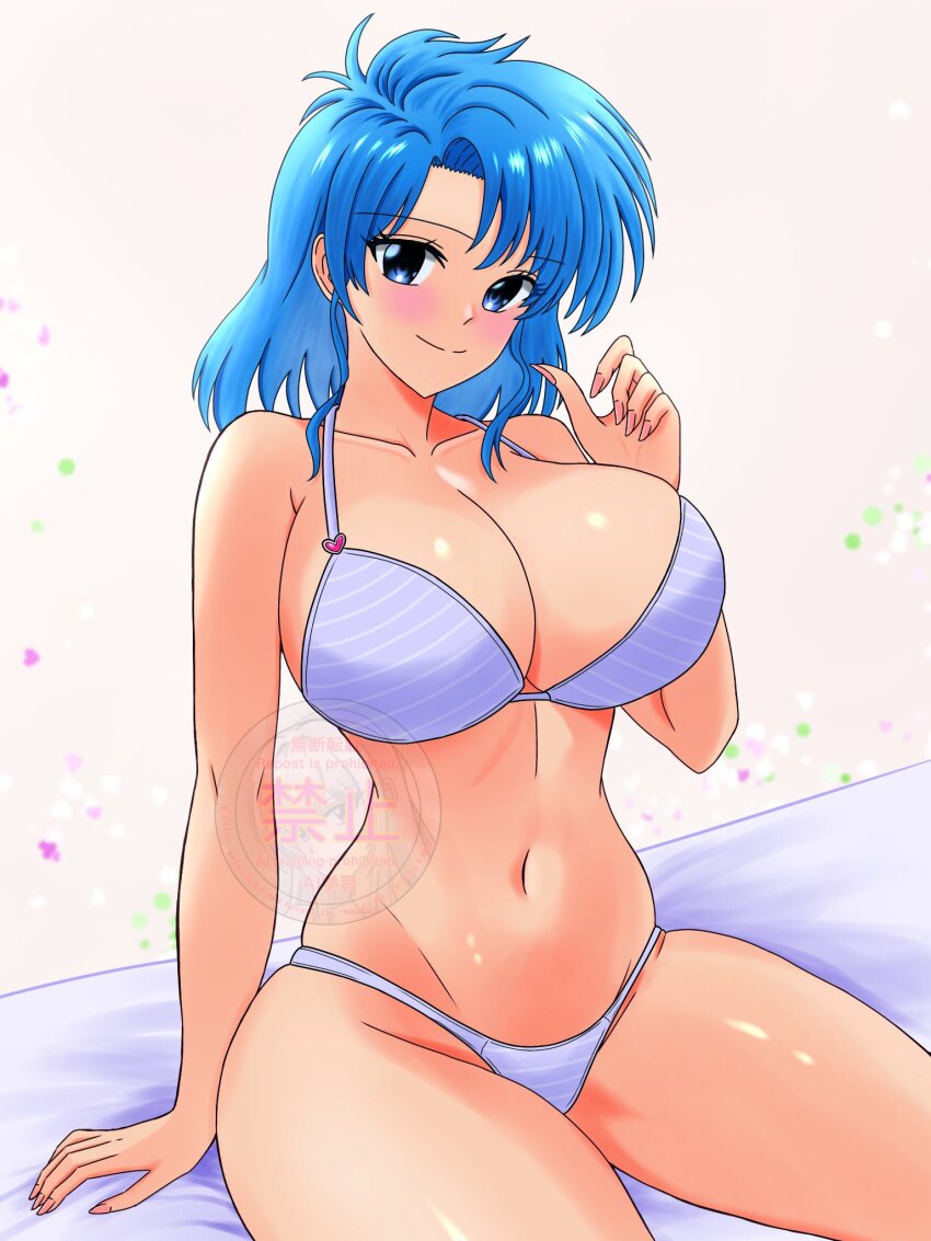1girl, arm_support, bed, bikini, blue_eyes, blue_hair, blush, breasts