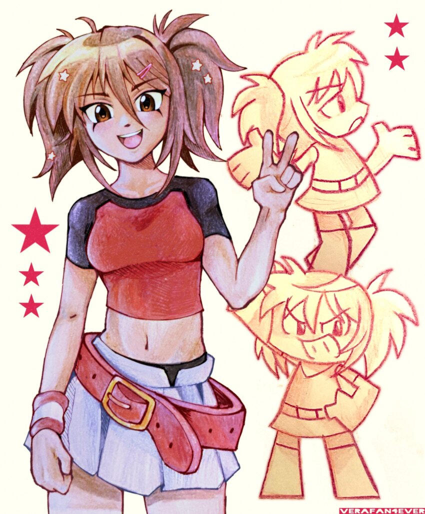 1girl, belt, brown_eyes, brown_hair, caramella_girls, chibi, commentary, cowboy_shot