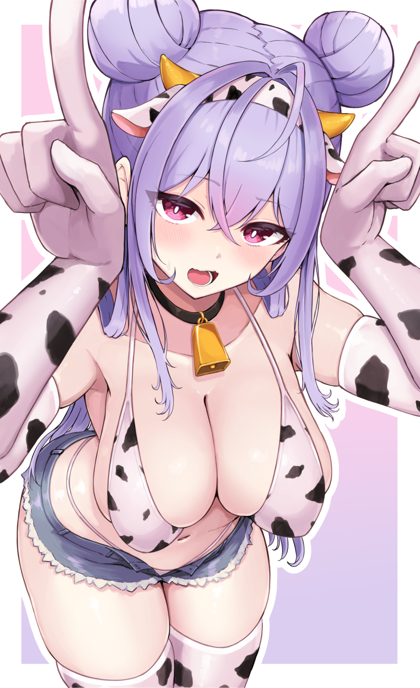 1girl, absurdres, ahoge, animal_ear_hairband, animal_ears, animal_print, bare_shoulders, bell, bikini, bikini_under_clothes, blush, breasts, cleavage, commentary_request, cow_ear_hairband, cow_ears, cow_girl, cow_horns, cow_print, cow_print_bikini, cow_print_gloves, cow_print_thighhighs, cowbell, cowboy_shot, cutoffs, denim, denim_shorts, elbow_gloves, embarrassed, fake_animal_ears, fake_horns, gloves, hairband, highleg, highleg_bikini, highres, horns, horns_pose, kozue_mone, large_breasts, long_hair, looking_at_viewer, meme, micro_shorts, navel, neck_bell, nijisanji, open_fly, open_mouth, pink_eyes, polish_cow_(meme), print_bikini, print_gloves, print_thighhighs, purple_hair, sagging_breasts, shorts, simple_background, skindentation, smile, swimsuit, temari_rin, thighhighs, thighs, virtual_youtuber