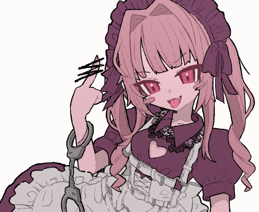 1girl, black_dress, blush_stickers, chest_harness, cleavage_cutout, clothing_cutout, cuffs, dress, fang, frilled_headwear, hair_intakes, handcuffs, harness, hashtag-only_commentary, heart_cutout, highres, looking_at_viewer, maid_headdress, makaino_ririmu, makaino_ririmu_(5th_costume), mepuizumi, middle_finger, nijisanji, pink_eyes, pink_hair, puffy_short_sleeves, puffy_sleeves, short_sleeves, solo, tongue, tongue_out, twintails, virtual_youtuber, white_background