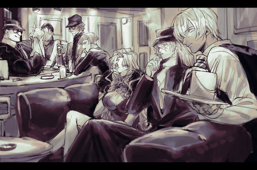 3girls, 4boys, amuro_tooru, breasts, chianti_(meitantei_conan), cigarette, cleavage, coat