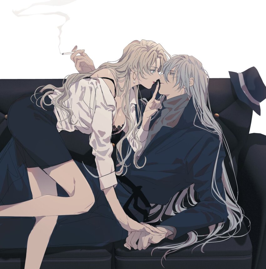 1boy, 1girl, black_coat, black_skirt, blonde_hair, cigarette, coat, commentary, earrings, eye_contact, gin_(meitantei_conan), hat, highres, holding, holding_cigarette, jewelry, kmk_oc, long_hair, looking_at_another, meitantei_conan, profile, shirt, skirt, smoke, vermouth_(meitantei_conan), white_hair, white_shirt